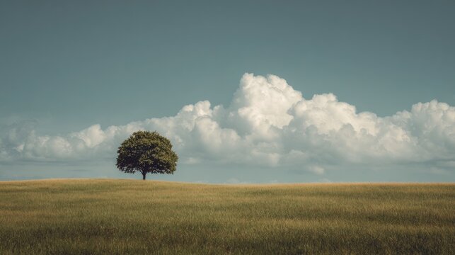 Solitary tree on rolling meadow under expansive cloudy sky