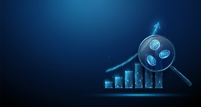 Blue growing chart and magnifying glass with falling coins inside. Market analysis, financial audit, growth tracking, decline detection, data insight concept