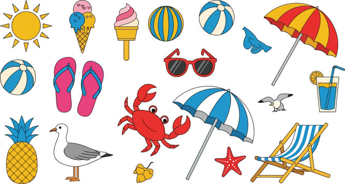 Summer safety icons life preserver sunscreen and warning flag illustration