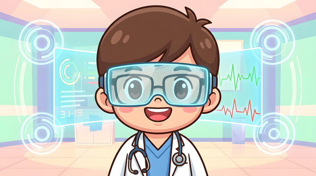 Cute chibi doctor portrait with a futuristic smart visor display in a medical clinic setting.