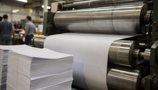Detailed view of tabloid newspaper printing focused on fastmoving rollers and paper stacks with press operators out of focus.
