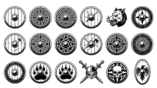 Viking shields and helmets with various designs and symbols shown