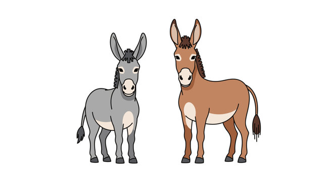 Two cartoon donkeys standing side by side against a white background