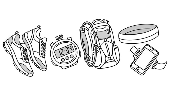 Workout gear illustration running shoes stopwatch backpack and accessories
