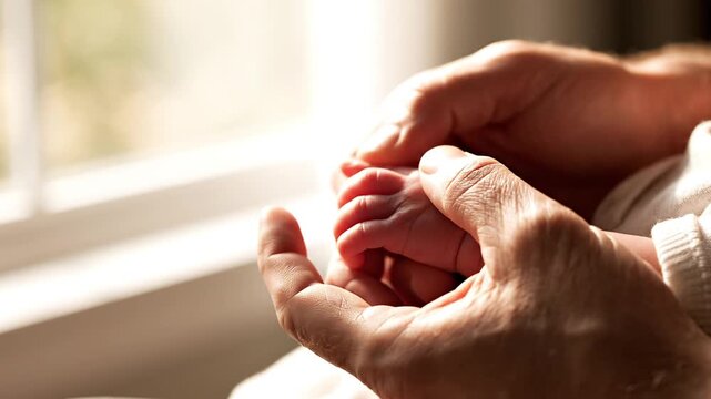 Adult hands gently cradle a tiny newborn baby's foot by a sunlit window indoors