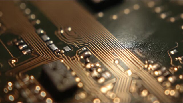 Circuit board closeup showing intricate metallic connections and components facilitating data processing, technology, and sophisticated digital system functions