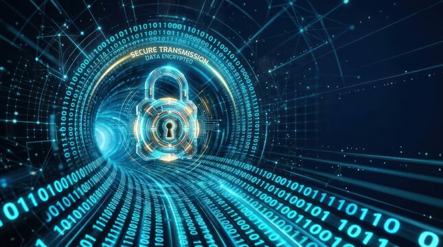Conceptual 3D binary tunnel with glowing lock