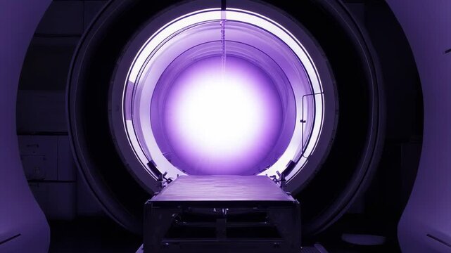Modern mri scanner bathed in glowing purple light, empty patient bed inside tunnel, high tech radiology equipment in a clean clinical setting for advanced diagnostics and research