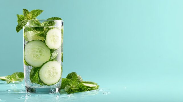 Refreshing glass of cucumber mint water on light blue background