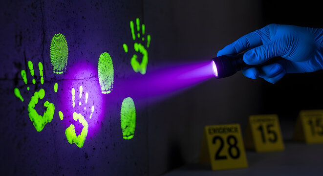 Forensic investigator using a uv flashlight to reveal glowing fingerprints and handprints on a dark wall at a crime scene with evidence markers
