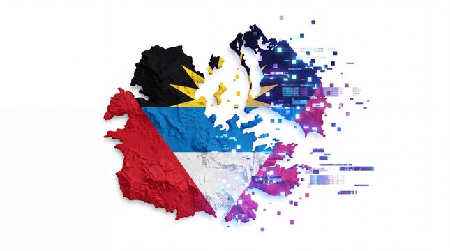 Graphic map of antigua and barbuda islands rendered with futuristic digital technology effect concept.