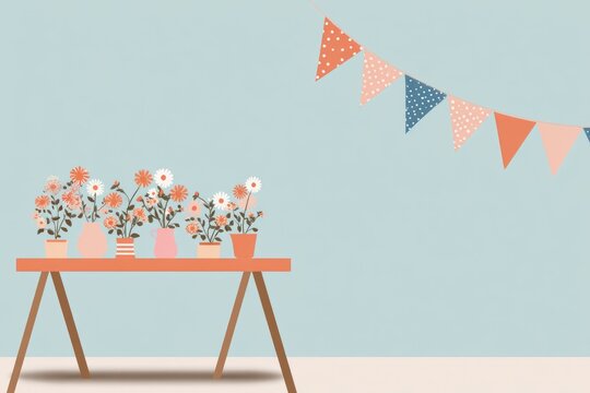 Decorative table with colorful potted flowers and festive bunting flags