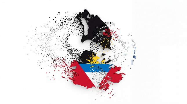 Digital disintegration of antigua and barbuda map with abstract pixelated scatter effect on white.