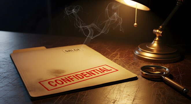 Confidential file folder on a dark wooden desk with a magnifying glass and a desk lamp, mysterious investigation concept
