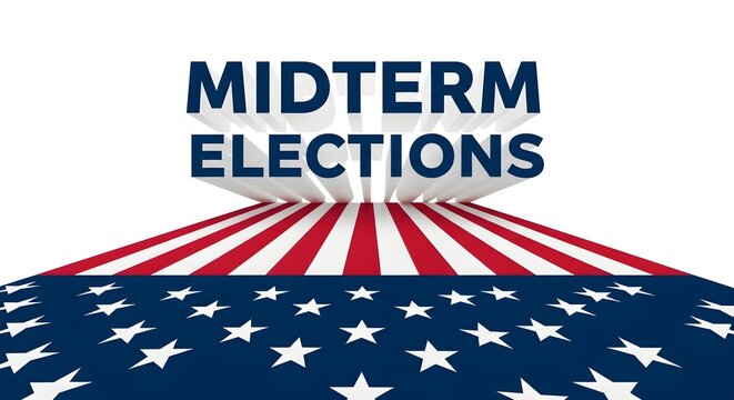 Dramatic illustration announcing midterm elections with waving American flag and bold text on white background.