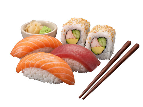 Exquisite selection of sushi, including fresh salmon and tuna nigiri, alongside sesame-crusted California rolls.
