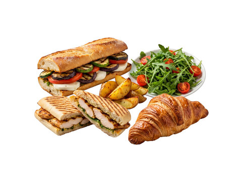 Delicious and varied lunch spread featuring a gourmet baguette sandwich, grilled panini, a fresh arugula salad.