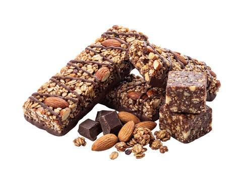 High-protein chocolate and almond granola bars with additional snack squares on a transparent background.