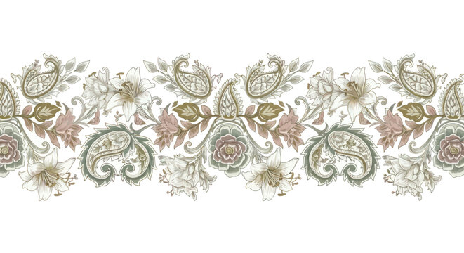 Vintage seamless floral paisley border with elegant hand drawn flowers on white background