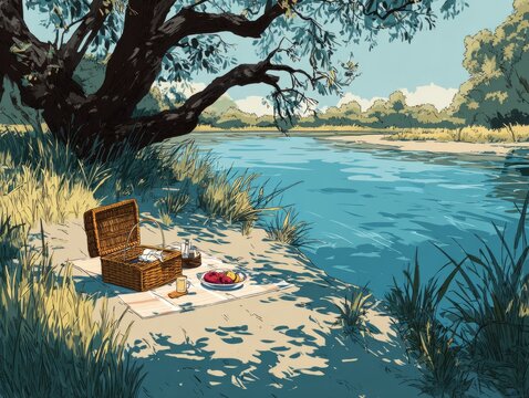 Serene riverside picnic under shady tree in summer