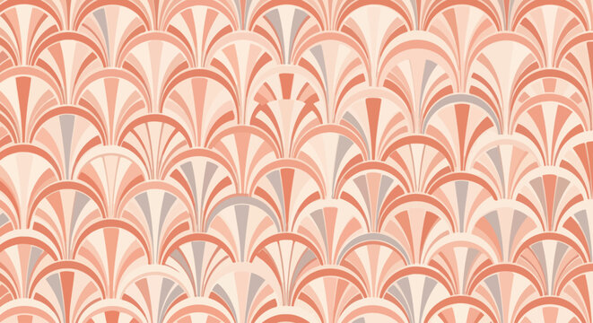 Art Deco inspired geometric fan seamless pattern in coral and grey.