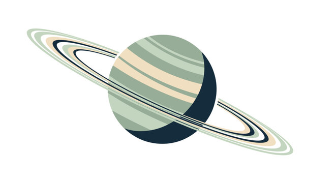 Stylized ringed planet with muted pastel colors against a white background.