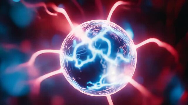 Plasma ball emitting vibrant blue electrical currents and red light streams, symbolizing energy, science, power, and technological innovation in a dynamic, futuristic concept