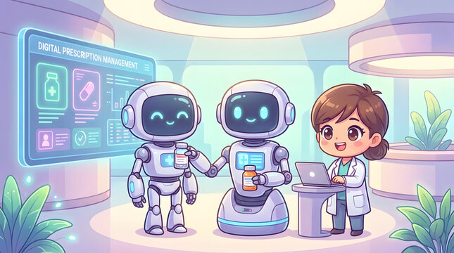 Cute chibi doctor working with automated pharmacy robots in a futuristic clinic for digital prescription management.