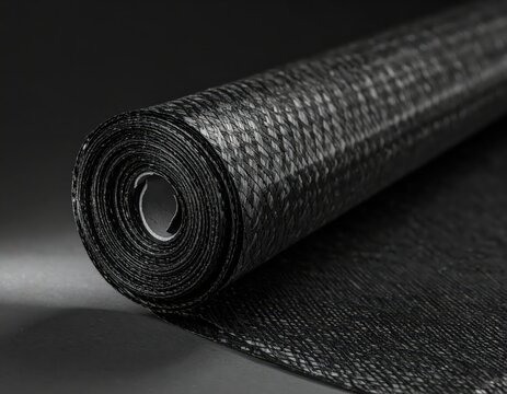 Black woven geotextile fabric roll on dark background, close-up, construction material