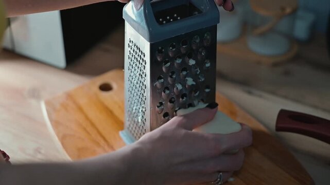 A hand grates cheese on a box grater while standing at a wooden cutting board. This action takes place in a kitchen setting, focusing on food preparation for cooking