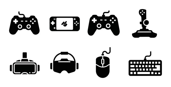 8 Gaming icons gamepad joystick vr headset mouse keyboard, outline solid styles, UI and web interface design