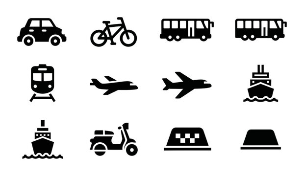 12 Transportation icons car bicycle bus train airplane ship scooter taxi, outline solid styles, UI and web interface design