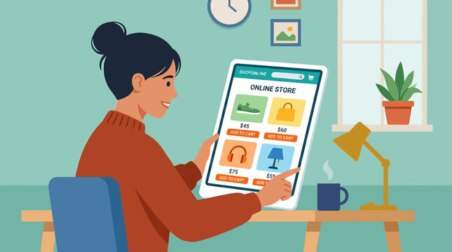 Woman shopping online at home desk.