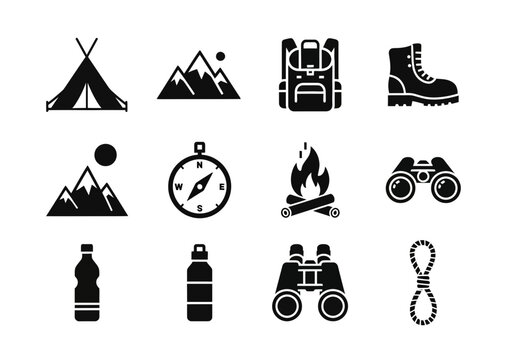 12 Camping icons tent mountain backpack boots compass bonfire binoculars, outline solid styles, UI and web interface design
