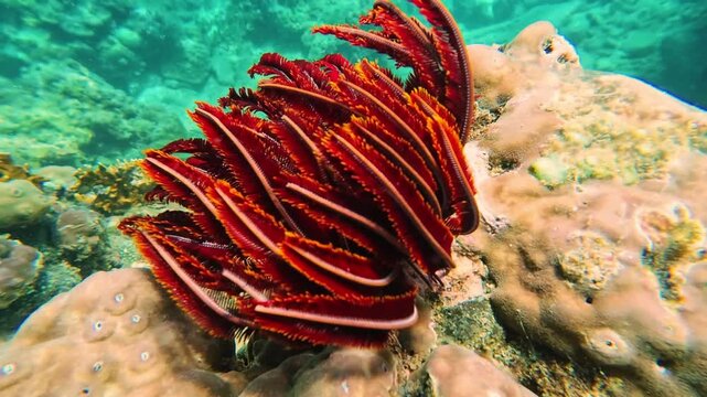 Close-up underwater view of a red sea lily moving with ocean waves near Nha Trang, Vietnam. Peaceful tropical marine scene with natural underwater motion.