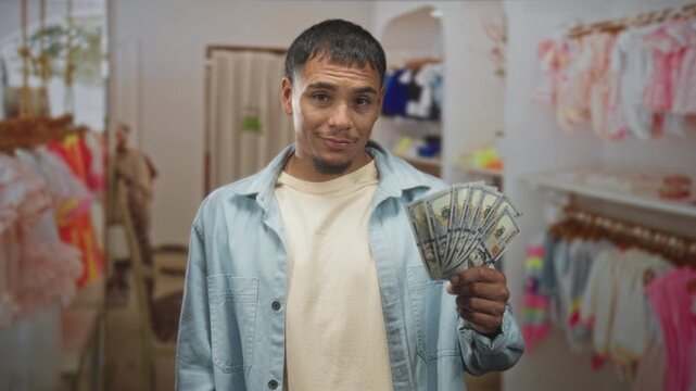 Young hispanic man holds a fanned stack of hundred dollar bills in his hand while standing between clothing racks in a retail store; confidence wealth.