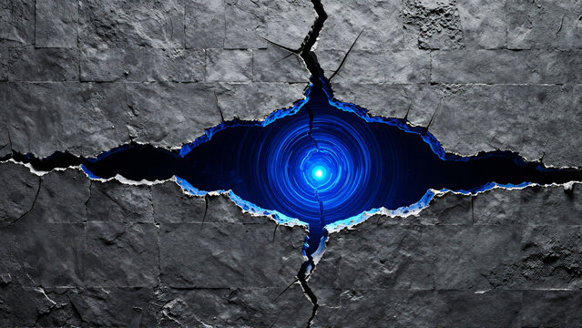 Cracked Wall Revealing a Glowing Blue Eye