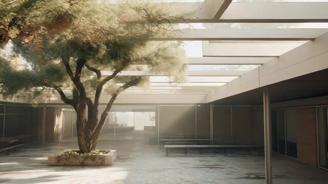 Large atrium featuring modernist design elements, two mature trees, outdoor seating, and warm sunbeams illuminating the minimalist floor tiles, creating a tranquil and open atmosphere