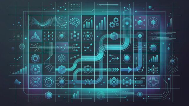Digital Technology Network Interface with Data Flow Icons and Circuit Grid