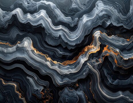 Abstract dark grey and gold marbled texture with flowing wavy lines and organic patterns