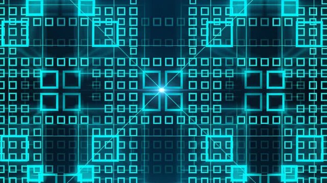 Digital Square Pattern with Glowing Cyan Grid Background