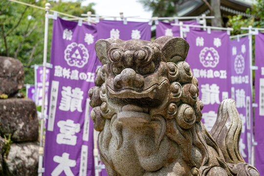 Stone Komainu lion-dragon statue on Enoshima Island, Japan