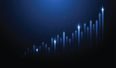 Fototapeta na wymiar Futuristic financial stock market candlestick chart showing upward growth trend with glowing blue light on dark background