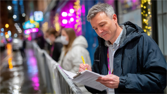 Event doorman checking guest list at night entrance with clipboard for security and queue management background for ticketed events