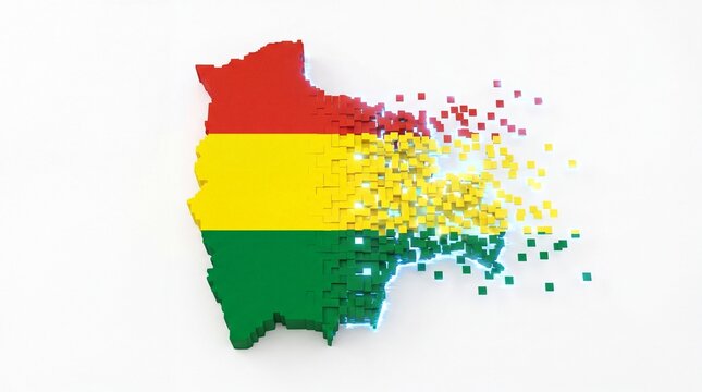 Bolivia map disappearing into pixels over white background, showing digital breakdown and data.