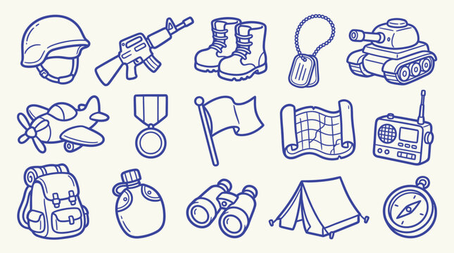 Set of hand-drawn doodle military icons, including helmet, rifle, boots, dog tags, tank, airplane, medal, flag, map, radio, backpack, canteen, binoculars, tent, and compass.