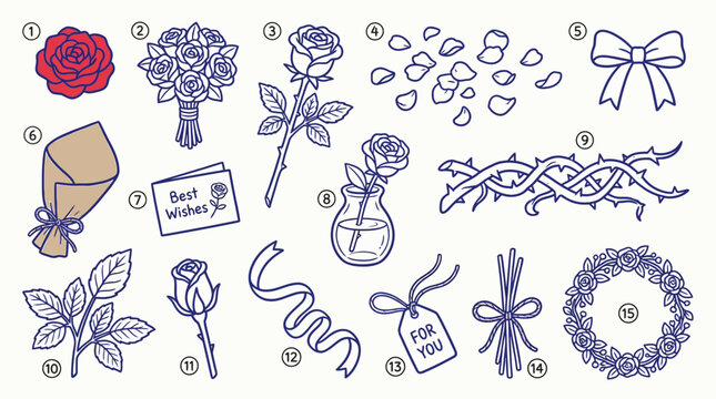 Set of hand-drawn rose illustrations, including a single rose, bouquet, petals, thorns, leaves, and various decorative elements.