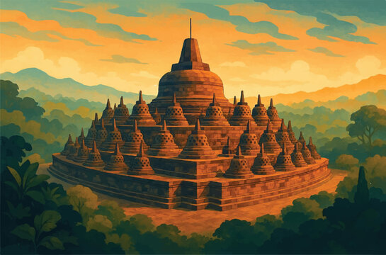 Borobudur temple in Indonesia landscape digital art style, illustration