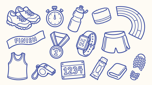 Collection of hand-drawn running and sports equipment illustrations in blue outline on white background.