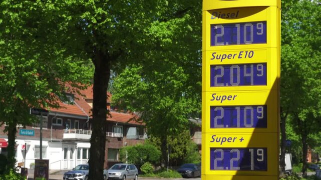 Gas station sign shows price - Rising energy prices, gas, diesel, oil inflation